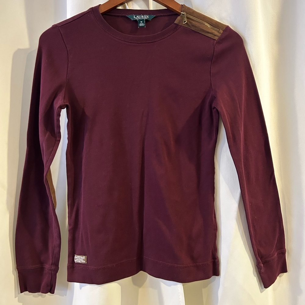 Lauren Ralph‎ Lauren T-Shirt Womens M Medium Burgundy Red Elbow Patches Logo